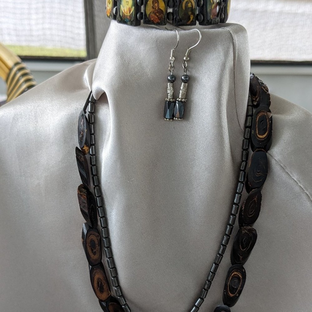 Hematite Cross pendant/Saint Bead Bracelet black wood/wood necklace